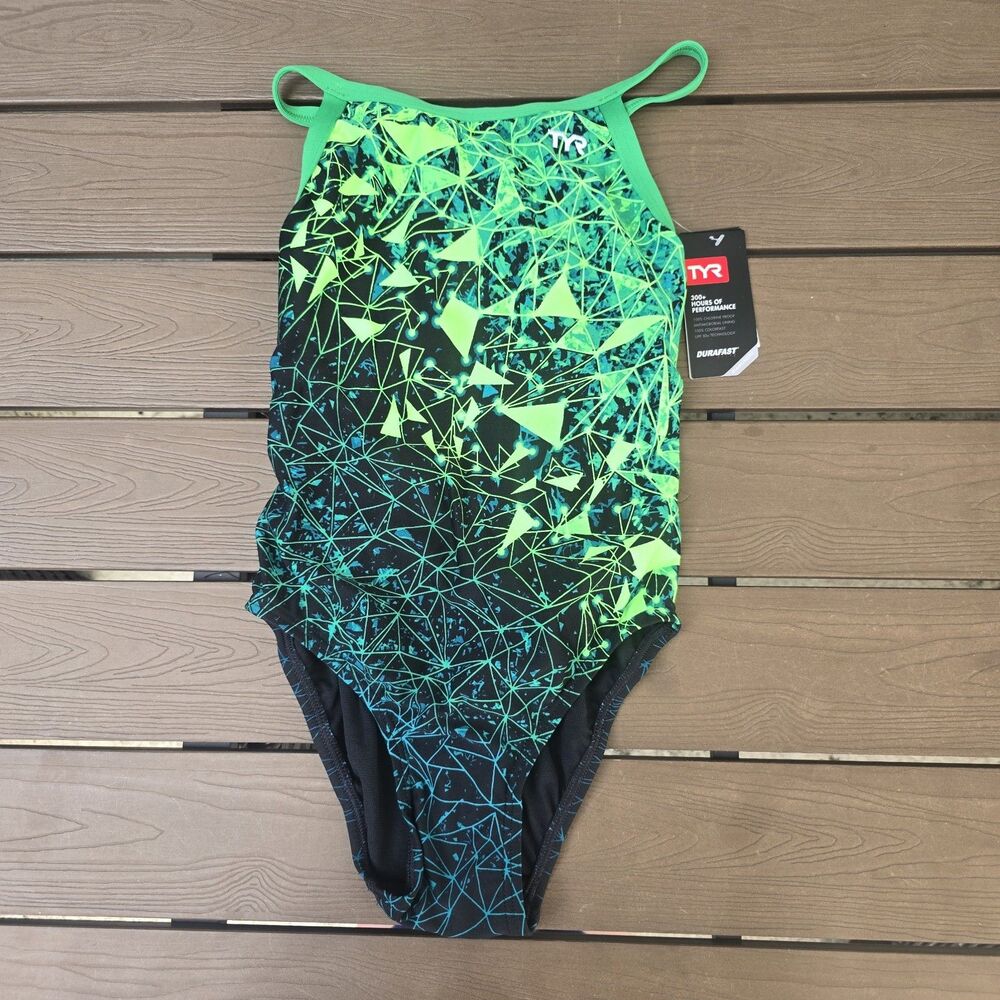 TYR Durafast Elite Youth Girls Orion Green Diamondfit 1 Piece Swimsuit Sz 26 New